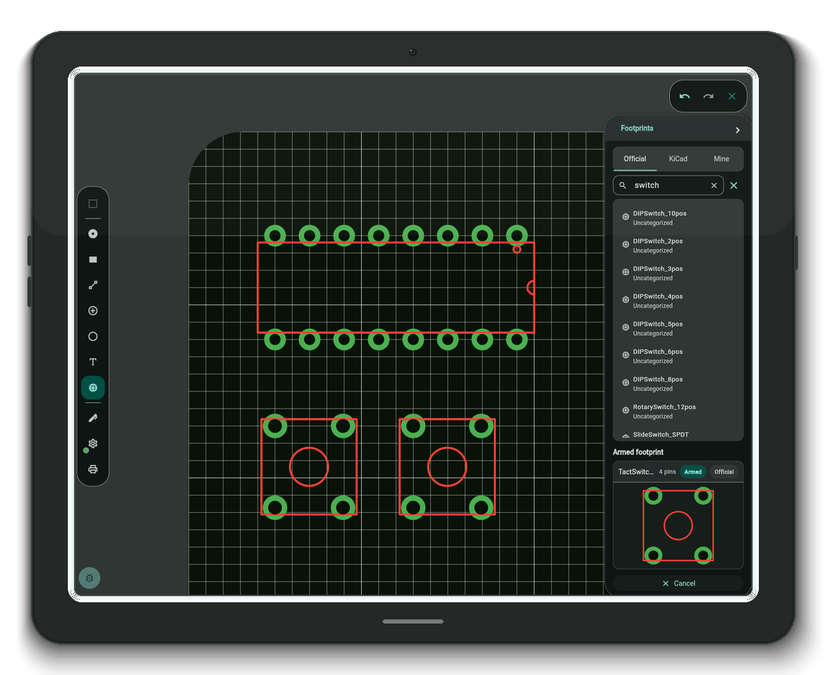 Protoboard Designer web app showing a PCB layout with routed copper traces and component footprints