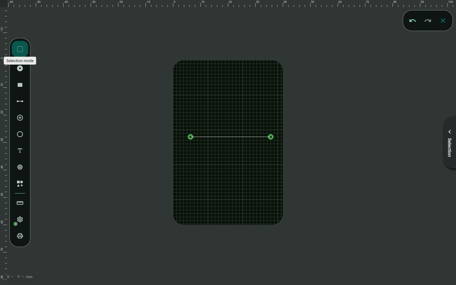 Airwire guide line drawn between two pads showing an intended connection in Protoboard Designer