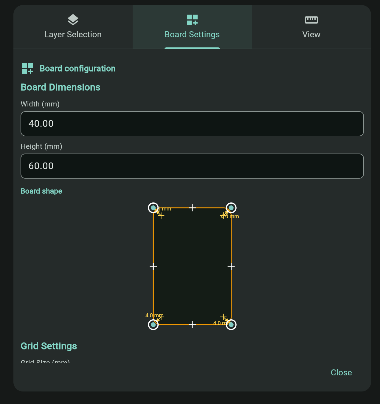 Board Dimensions section in Board Settings setting PCB width and height