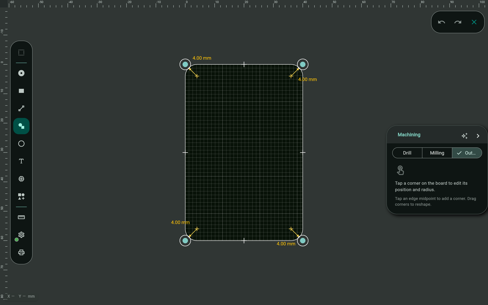 Editing board outline corners and corner radius with the Machining tool in Protoboard Designer