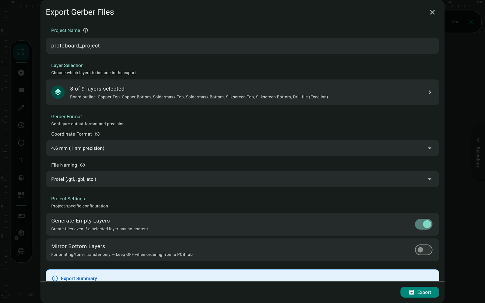 Create Gerber Files button highlighted in export dialog