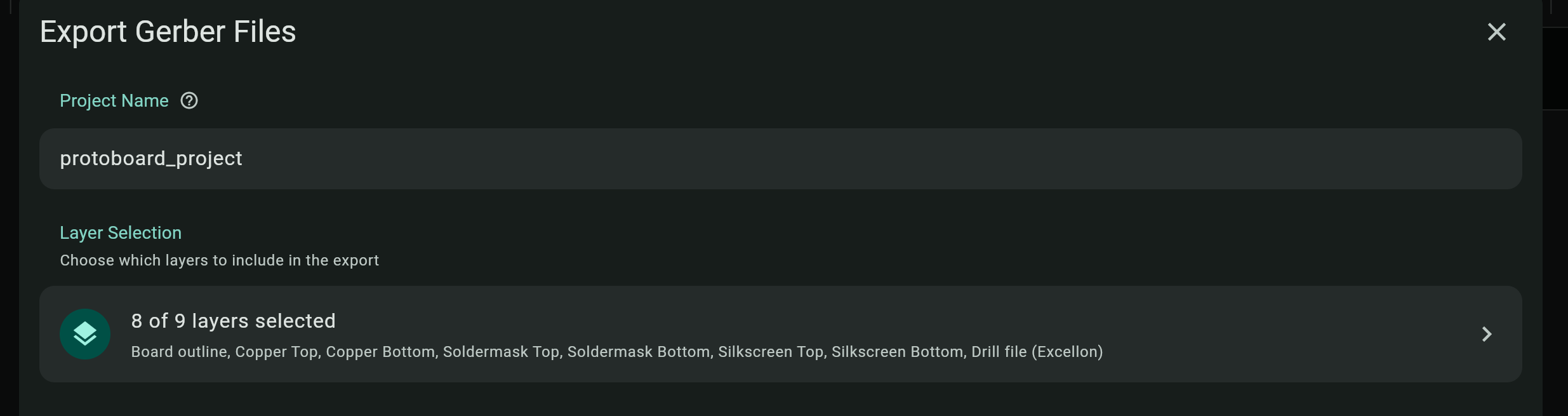 Output filename field in Gerber export dialog for JLCPCB gerber upload