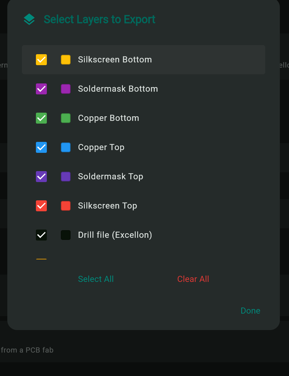 Gerber export dialog with layer checkboxes for C1 C2 S1 and O in PCB layout tool