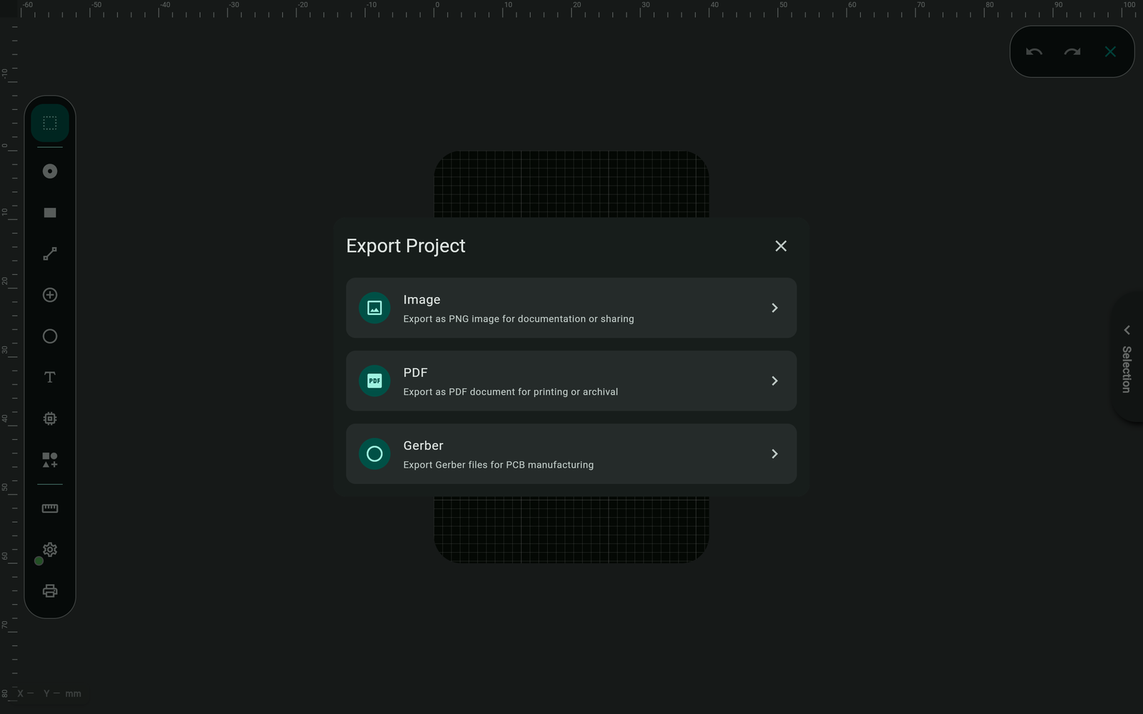 File menu or Export button opening Gerber export dialog in Protoboard Designer