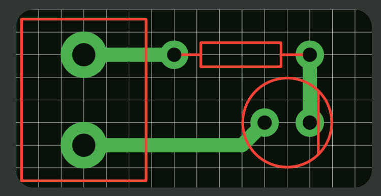 Finished two-component board with a resistor and LED, routed and ready to export in Protoboard Designer