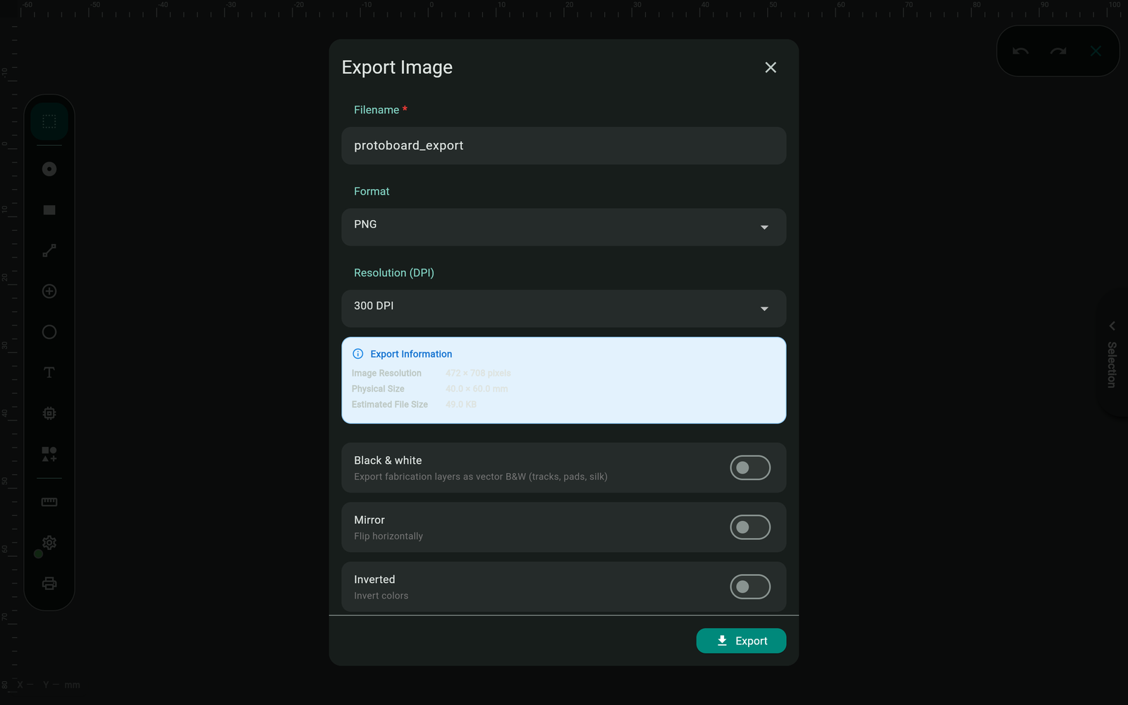 Image export dialog with layer picker, black and white toggle, mirror, invert, and resolution options