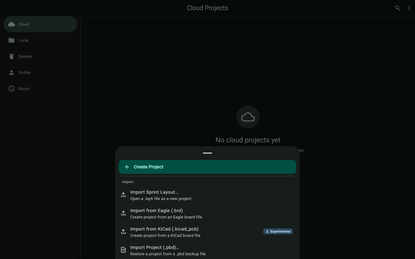 Create project menu in the project list with the Import from Eagle (.brd) option