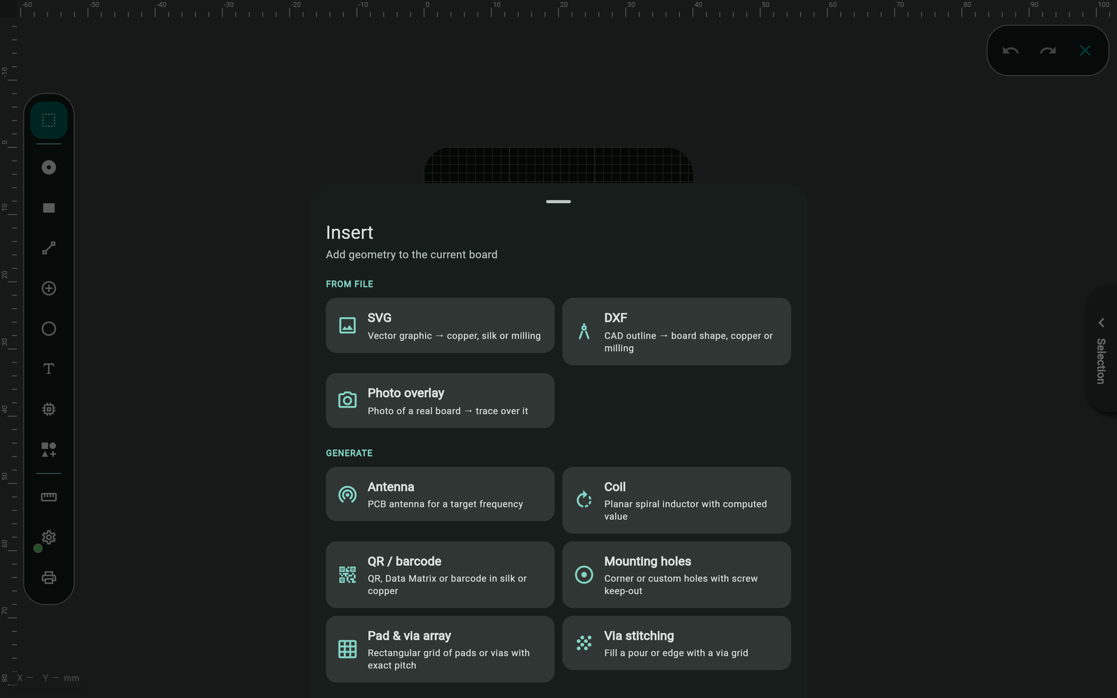 Insert Hub sheet with Generate and From file sections showing antenna, coil, QR code, mounting holes, pad array, breakout, and via stitching tiles