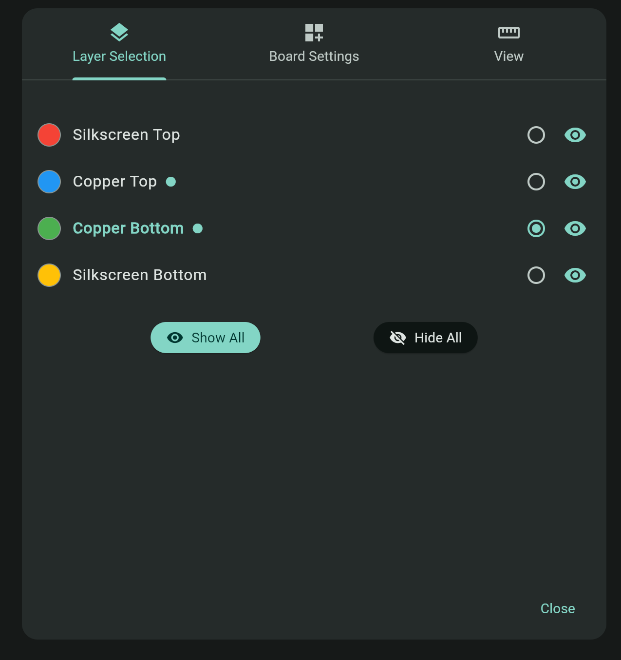 Layer Selector panel in Protoboard Designer showing every PCB layer with its colour and visibility toggle