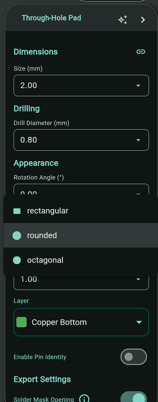 Rectangular, rounded, and octagonal pad shapes side by side in the pad property panel