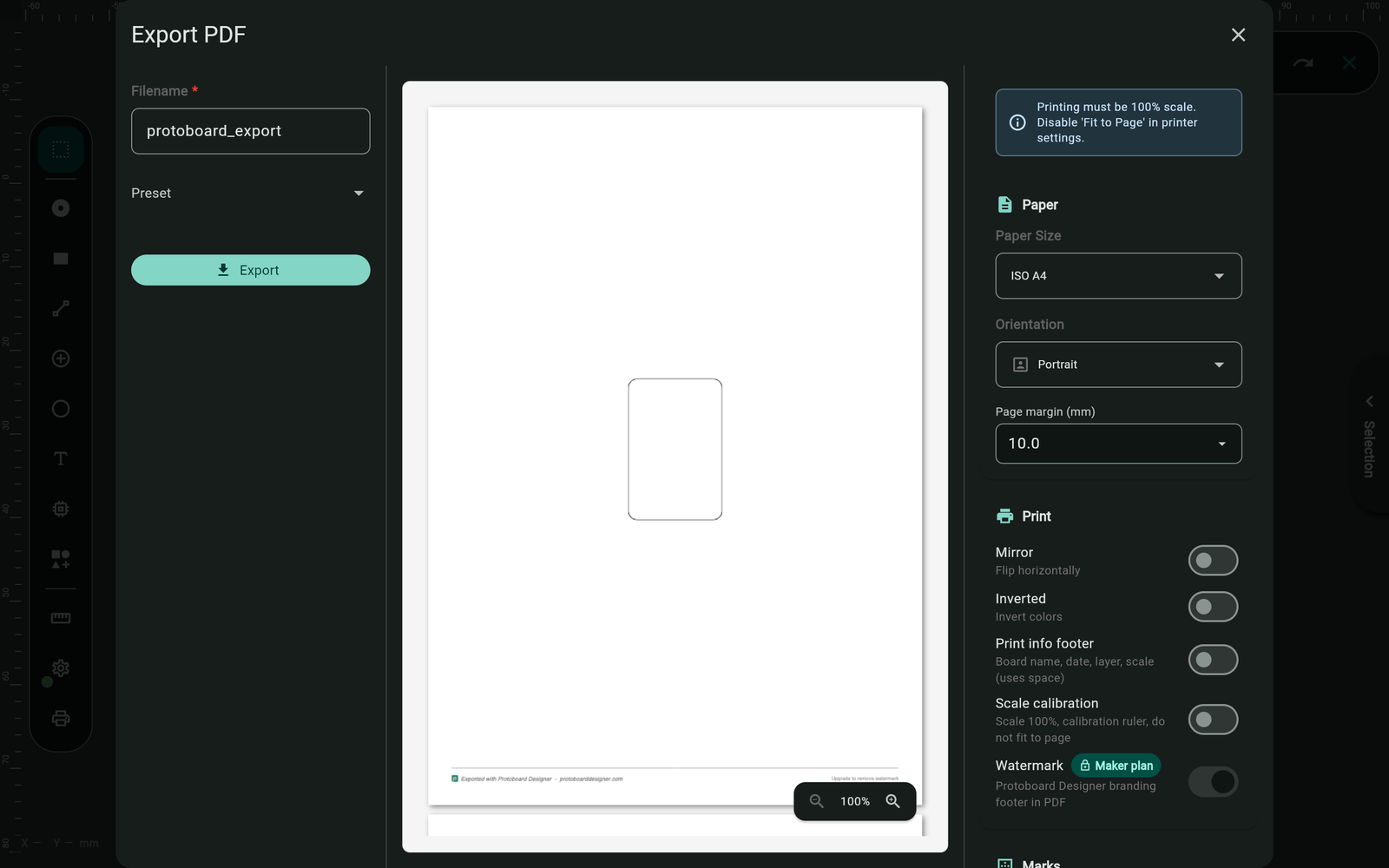 PDF export dialog in Protoboard Designer showing presets, layer selection, and a live preview