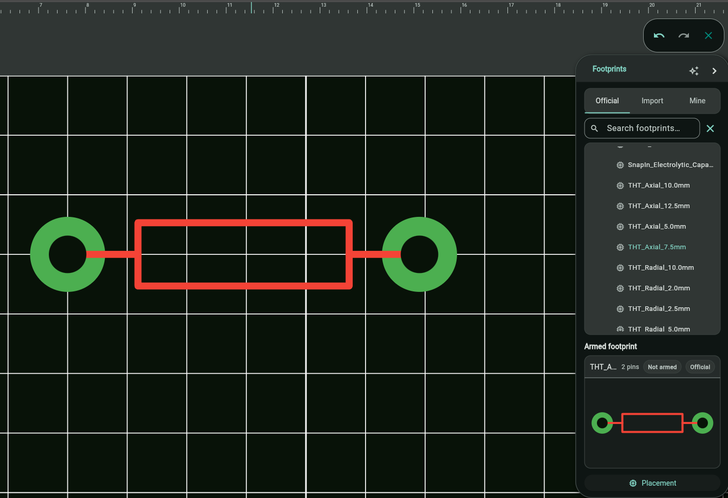 Footprint library showing THT axial resistor footprints with one armed and being placed onto the board canvas in Protoboard Designer