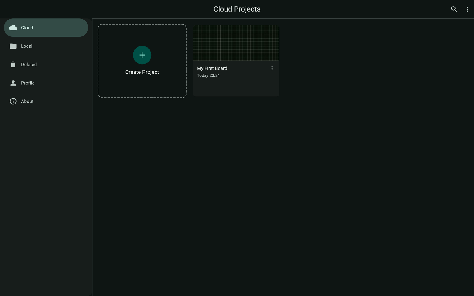 Project list with Local and Cloud sections and the Create project menu