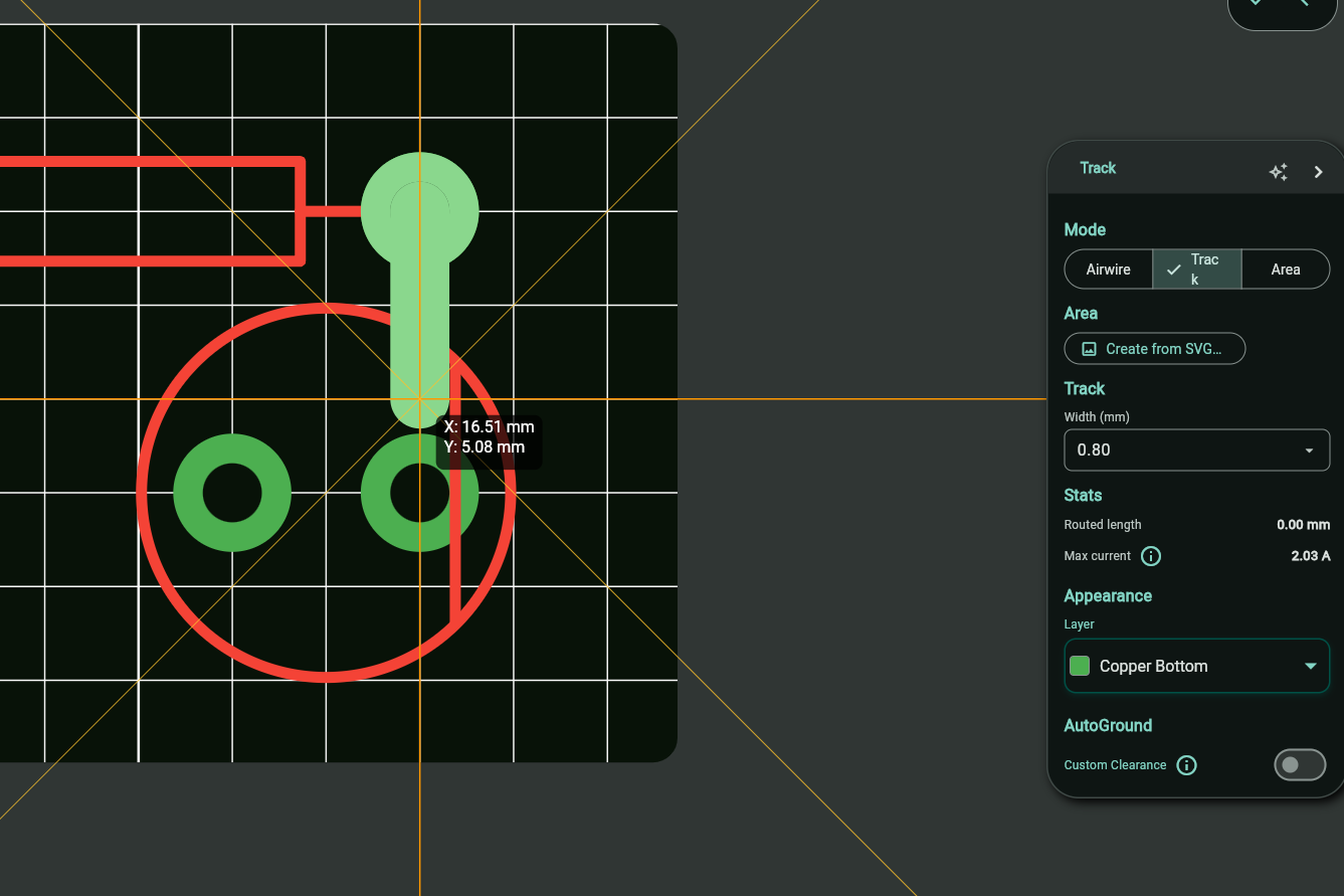 Track tool panel open while routing a copper trace to a footprint pad, with layer and width settings visible in Protoboard Designer