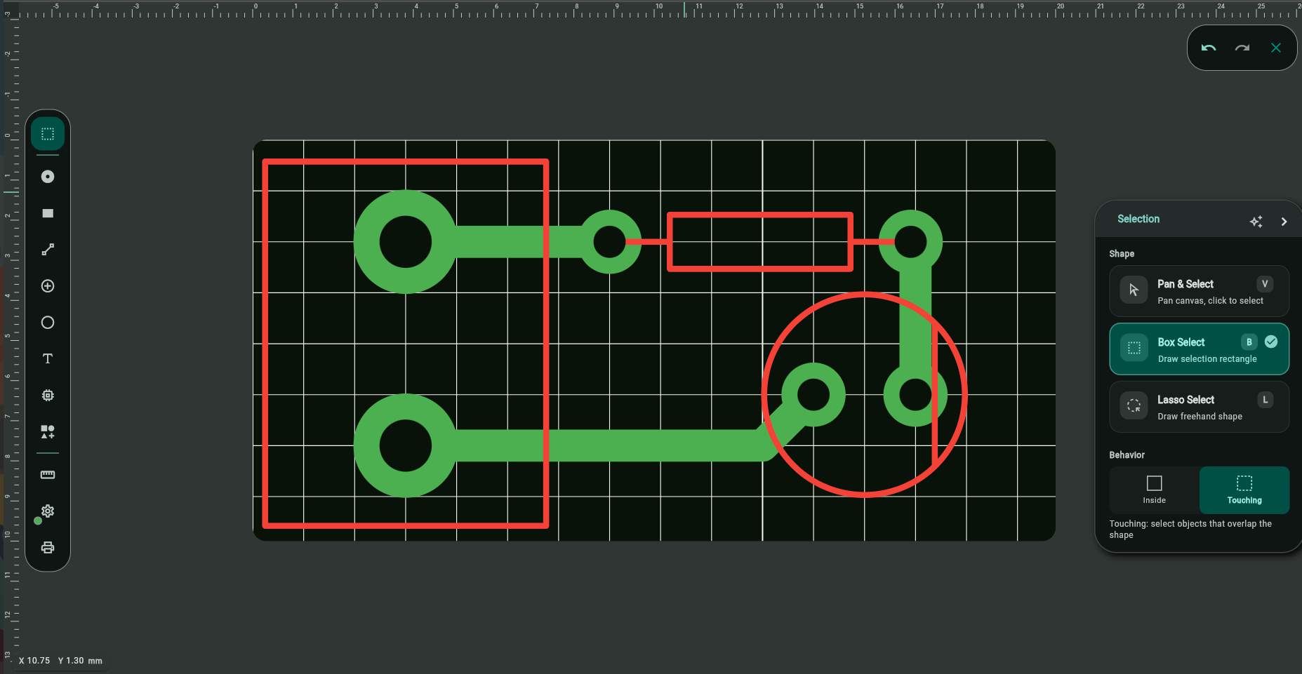 Selection tool property panel showing Pan & Select, Box Select, and Lasso Select shapes with Inside and Touching behaviour options in Protoboard Designer