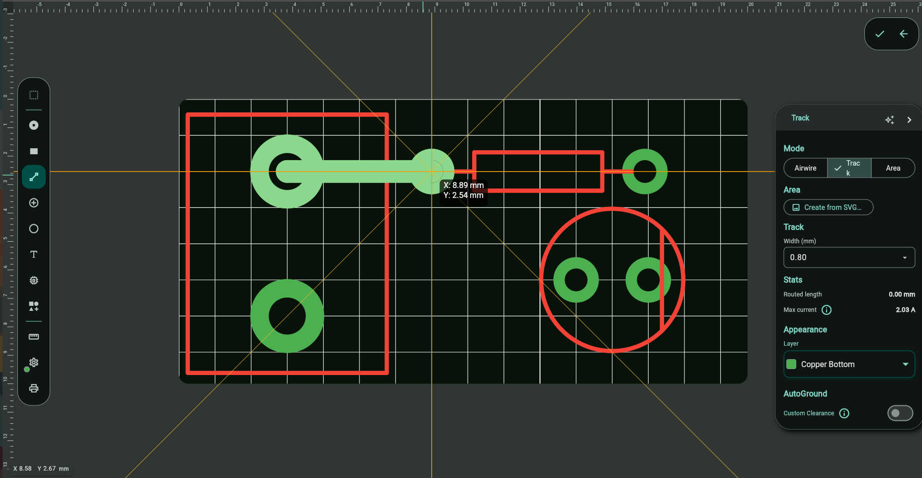 Track tool property panel showing Mode, track width, routed length, max current, active layer, and AutoGround clearance settings in Protoboard Designer